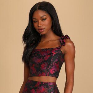 Black + Magenta Floral Jacquard Ruffled Crop Top Sz M. NWT Lulus